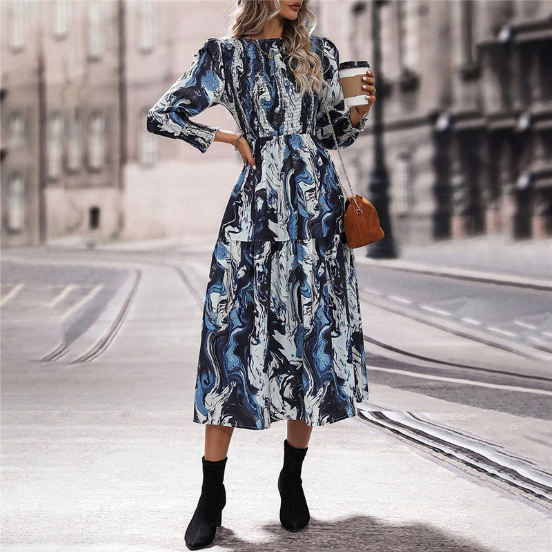 Long Sleeves Crewneck Printing A-Line Casual Dress