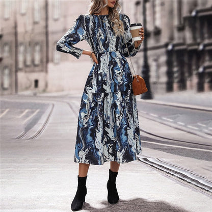 Long Sleeves Crewneck Printing A-Line Casual Dress