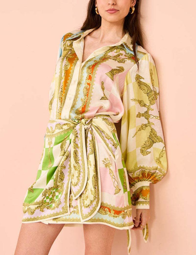 Colorful Print Lantern Sleeves Casual Mini Dress