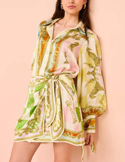 Colorful Print Lantern Sleeves Casual Mini Dress