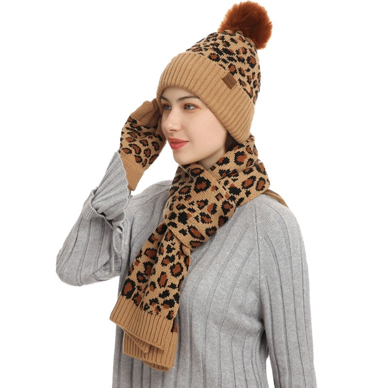 Leopard Print Warm Wool Hat Scarf Gloves Three-Piece Set