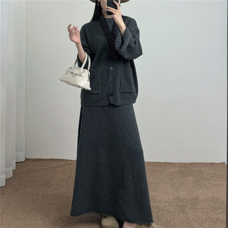 Solid Color Round Neck Knit Set Loose Fit Sweater Dress Two-Piece