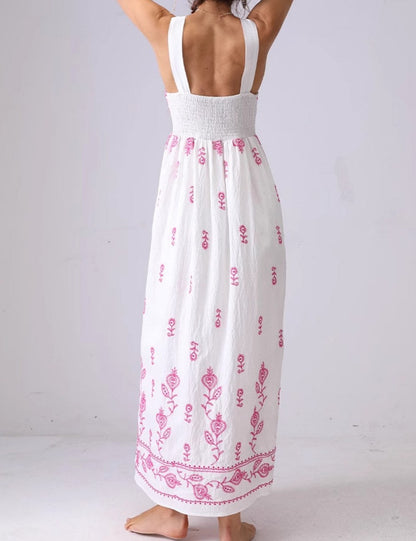 Floral Embroidered Backless Strap Maxi Dresses