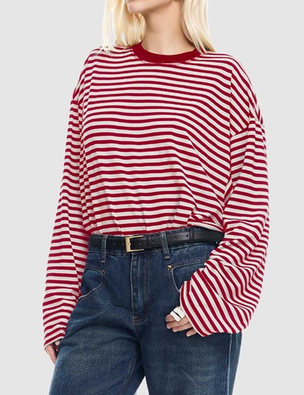 Round Neck Striped Long Sleeve Loose Shirt