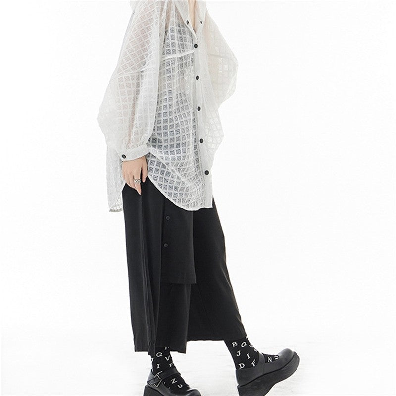 Solid Color Batwing Sleeve Single Breasted See-Through Casual Loose Blouse