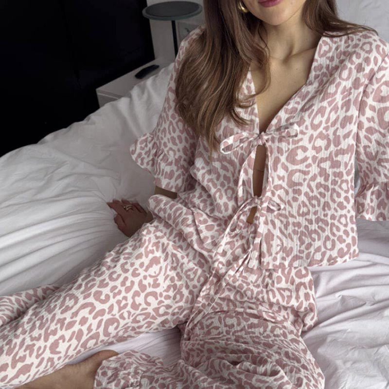 Elegant Print Ruffled Short Sleeve Pajamas Set