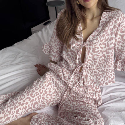 Elegant Print Ruffled Short Sleeve Pajamas Set