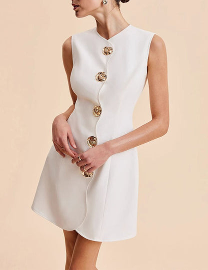 Slim Round Neck Buttons Mini Dress