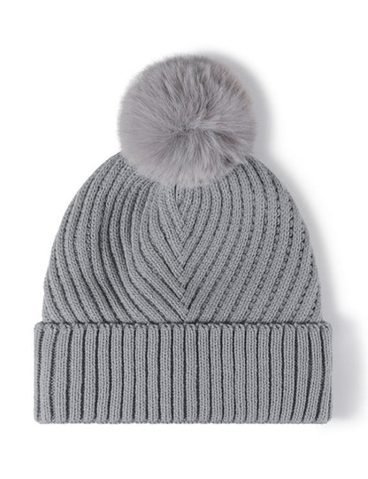 Solid Color Ribbed Knit Pom Beanie