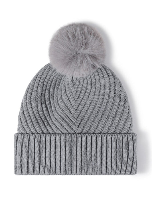 Solid Color Ribbed Knit Pom Beanie