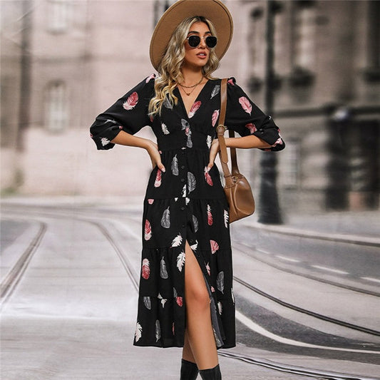 Women's V-Neck Balloon Sleeve Dress