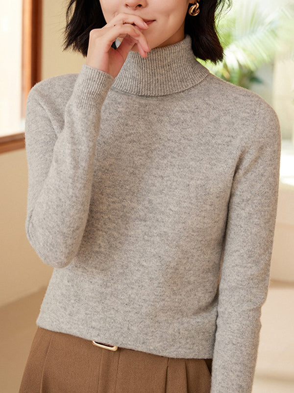 Long Sleeves Skinny Solid Color Split-Joint High Neck Sweater Tops