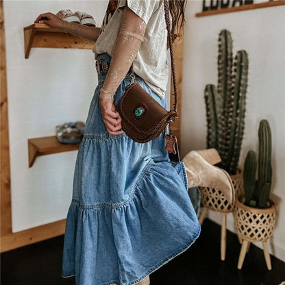 A-Line Denim Skirt With Flounce Hem