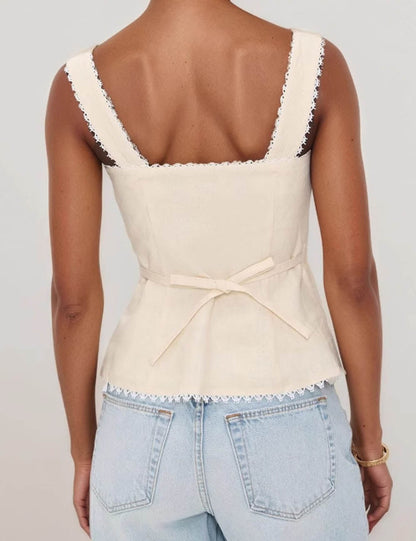 Vintage Lace Trim Button Up Sleeveless Top