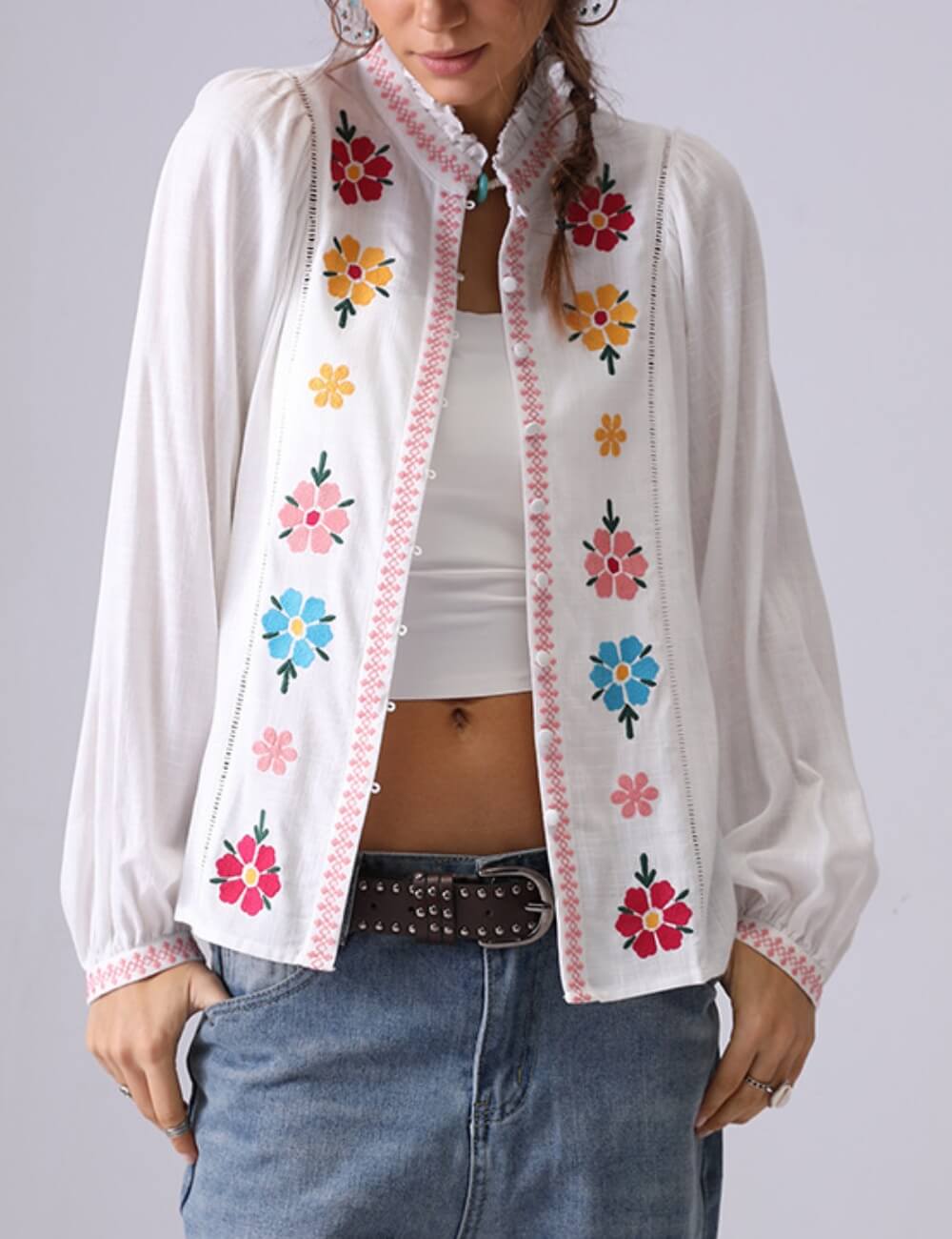 Elegant Flower Embroidered Button Down Top