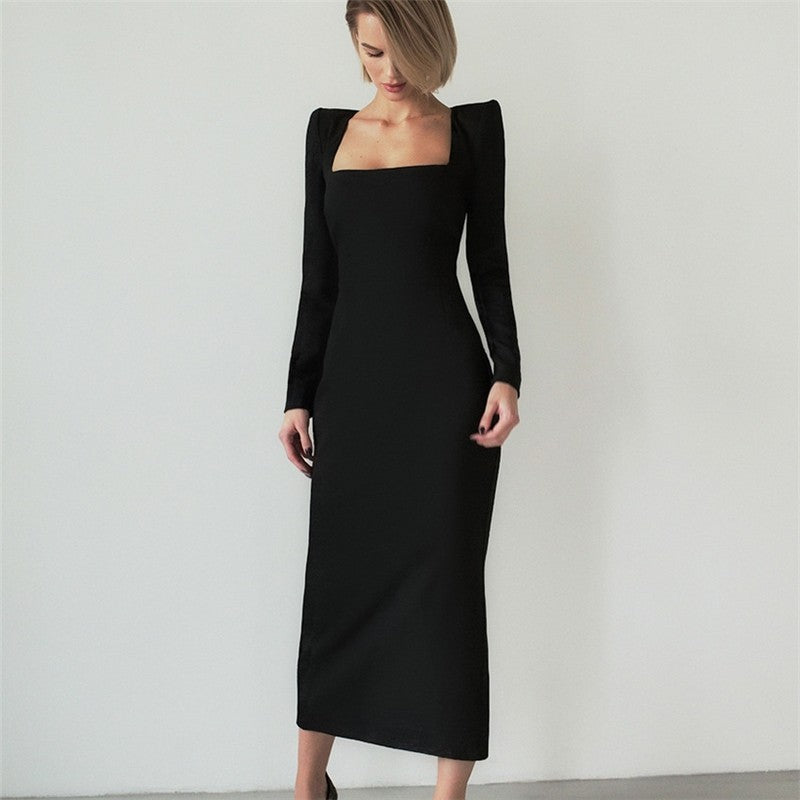 Solid Color Square Neck Long Sleeve Long Bodycon Dress