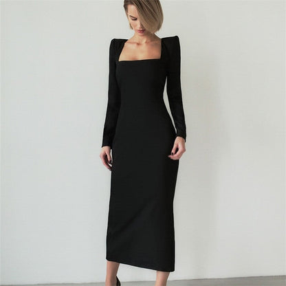 Solid Color Square Neck Long Sleeve Long Bodycon Dress