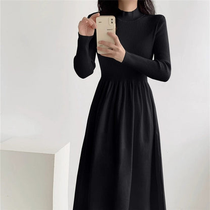 Semi-High Neck Midi Sweater Dress With Waist Tuck Design