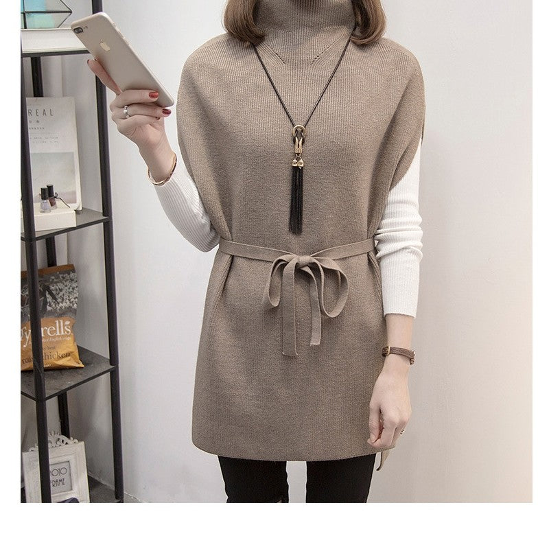 Half Turtleneck Solid Color Sleeveless Bandage Casual Loose Knitted Vest