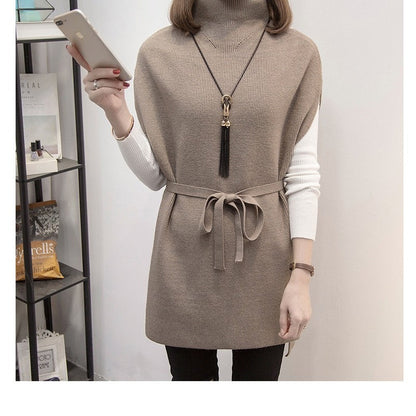 Half Turtleneck Solid Color Sleeveless Bandage Casual Loose Knitted Vest