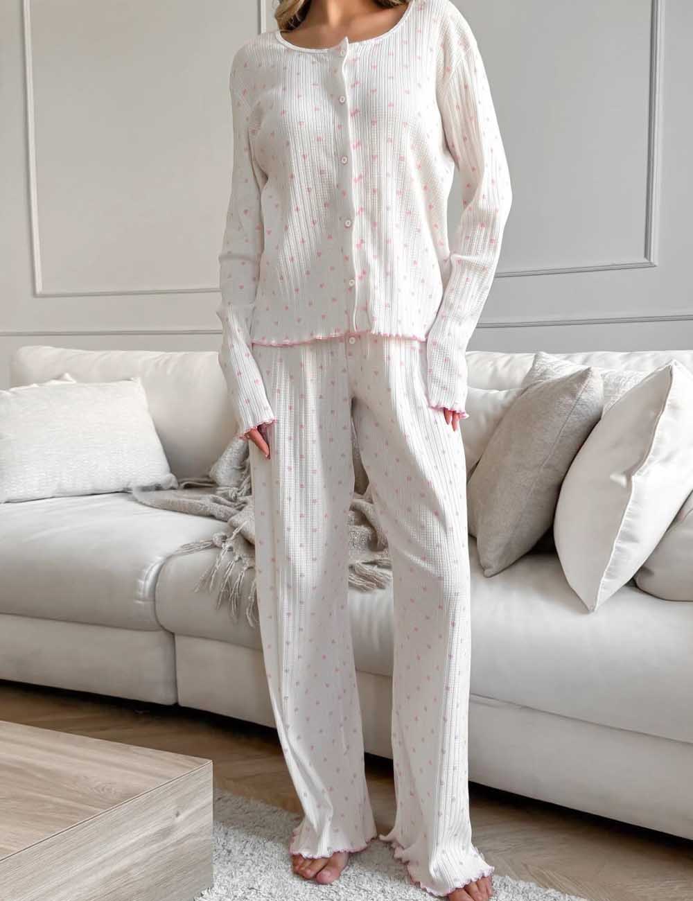 Knit Heart Print Lounge Pajamas Set