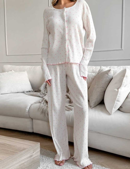 Knit Heart Print Lounge Pajamas Set