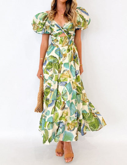 Puffy Sleeves Floral Print Belted Dress