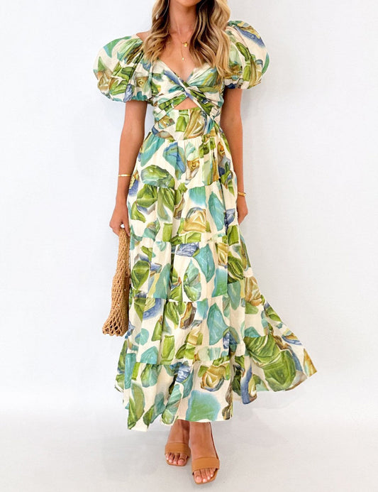 Puffy Sleeves Floral Print Belted Dress