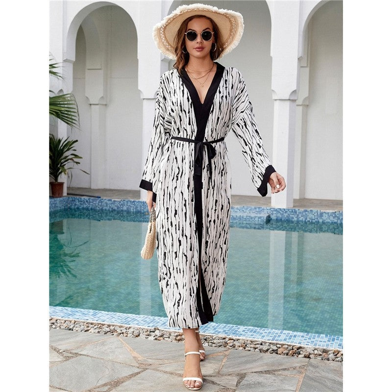 Contrast Color Printing Long Sleeve Belted Casual Loose Long Beach Cardigan Bikini Cover-Up