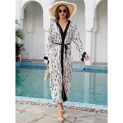 Contrast Color Printing Long Sleeve Belted Casual Loose Long Beach Cardigan Bikini Cover-Up