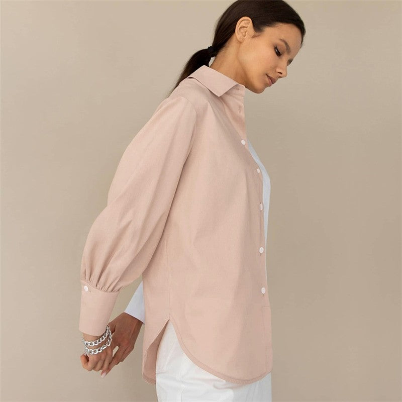 Contrast Color Lapel Long Sleeve Single Breasted Blouse