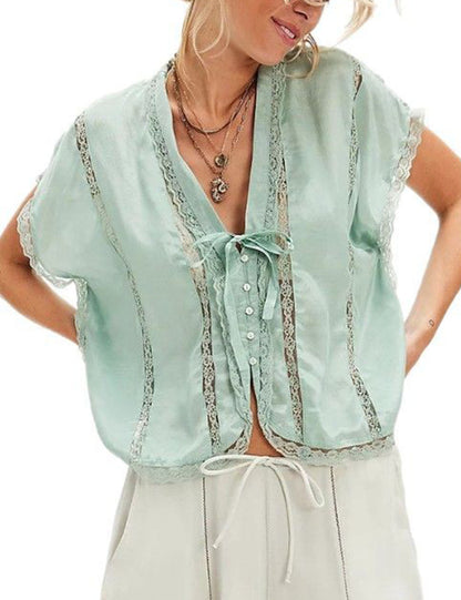 Trendy V-Neck Lace Trim Solid Color Top