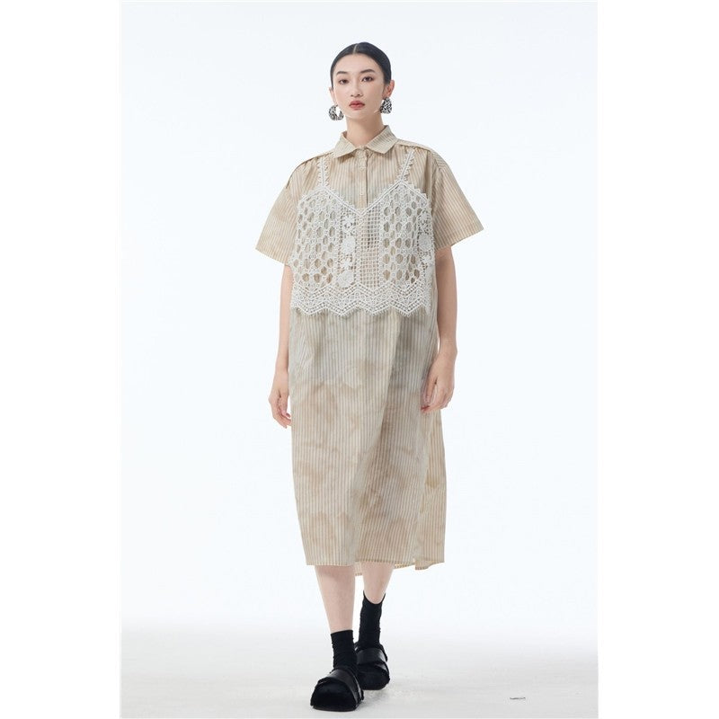 Lace Trim Polo Collar Short Sleeve A Line Dress