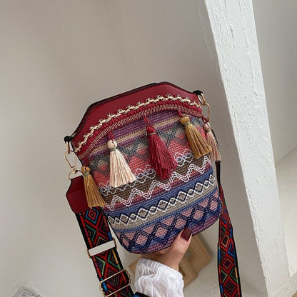 Print Soft Tasseled Multicolored One Shoulder Bag
