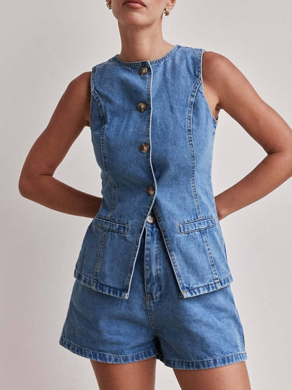 Sleeveless Button Vest Short Denim Set