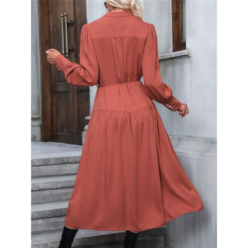 Solid Color V-Neck Elastic Band Cardigan Button-Down Long-Sleeved Dress