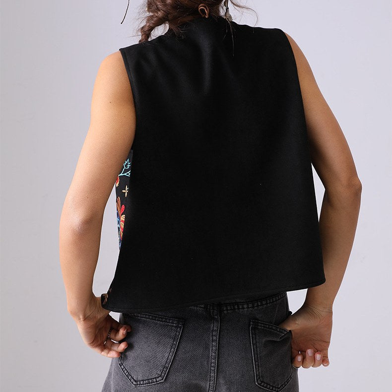 Boho Floral Embroidered Open Front Vest