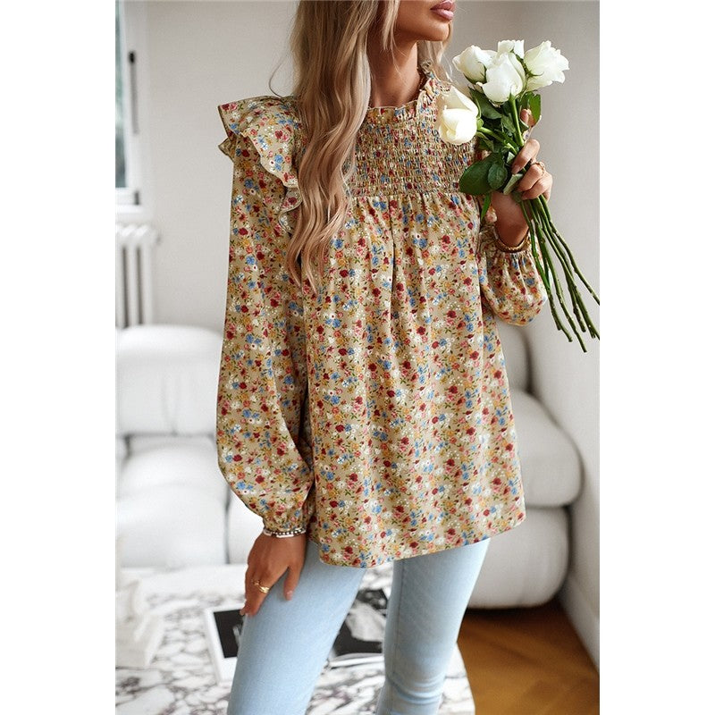 Crewneck Long Sleeves Floral Printed Casual Loose Blouse