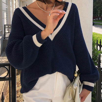 Color Block V-Neck Long Sleeve Sweater