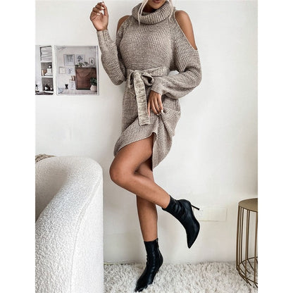 Solid Color Lace-Up Cutout Off-Shoulder Turtleneck Sweater Dress