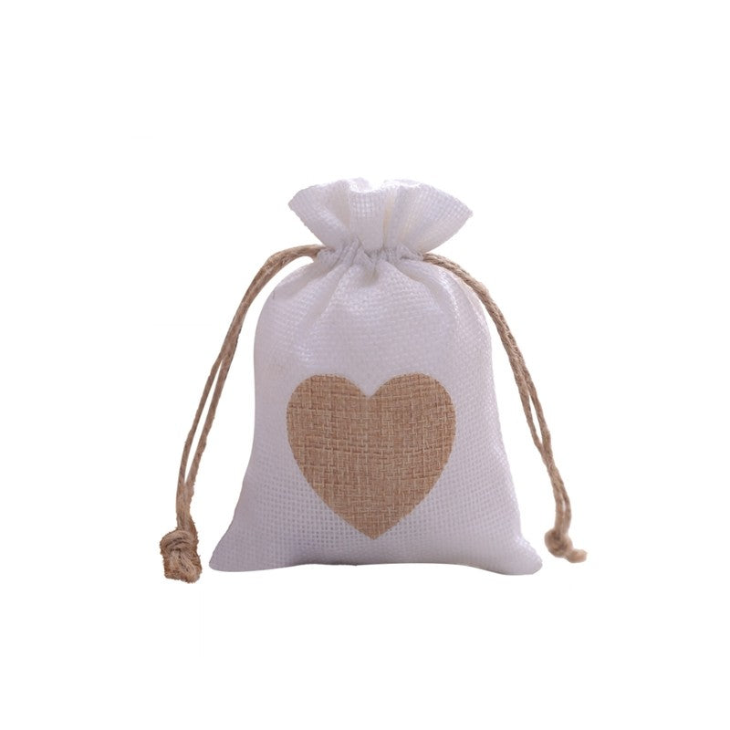 Linen Gift Bag With Heart Print Drawstring