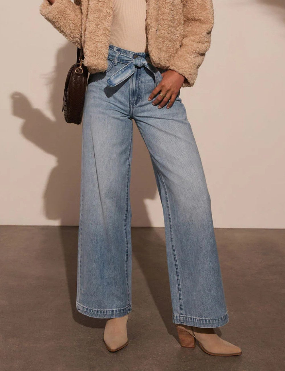 Washed Straight Leg String Tie Loose Jeans