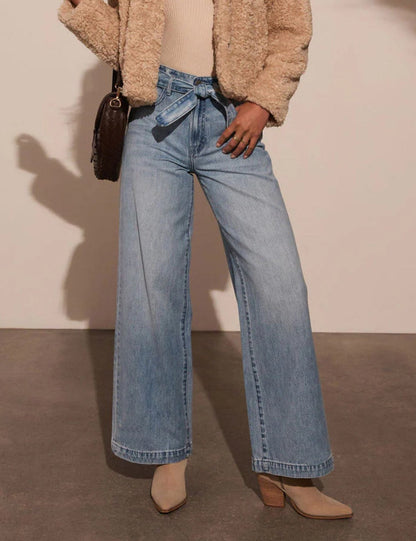 Washed Straight Leg String Tie Loose Jeans