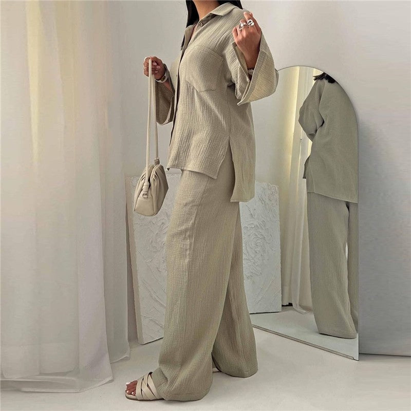 Solid Color Long Sleeve Lapel Blouse And Wide Leg Pants Two Pieces Suit