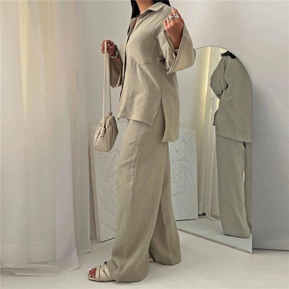Solid Color Long Sleeve Lapel Blouse And Wide Leg Pants Two Pieces Suit
