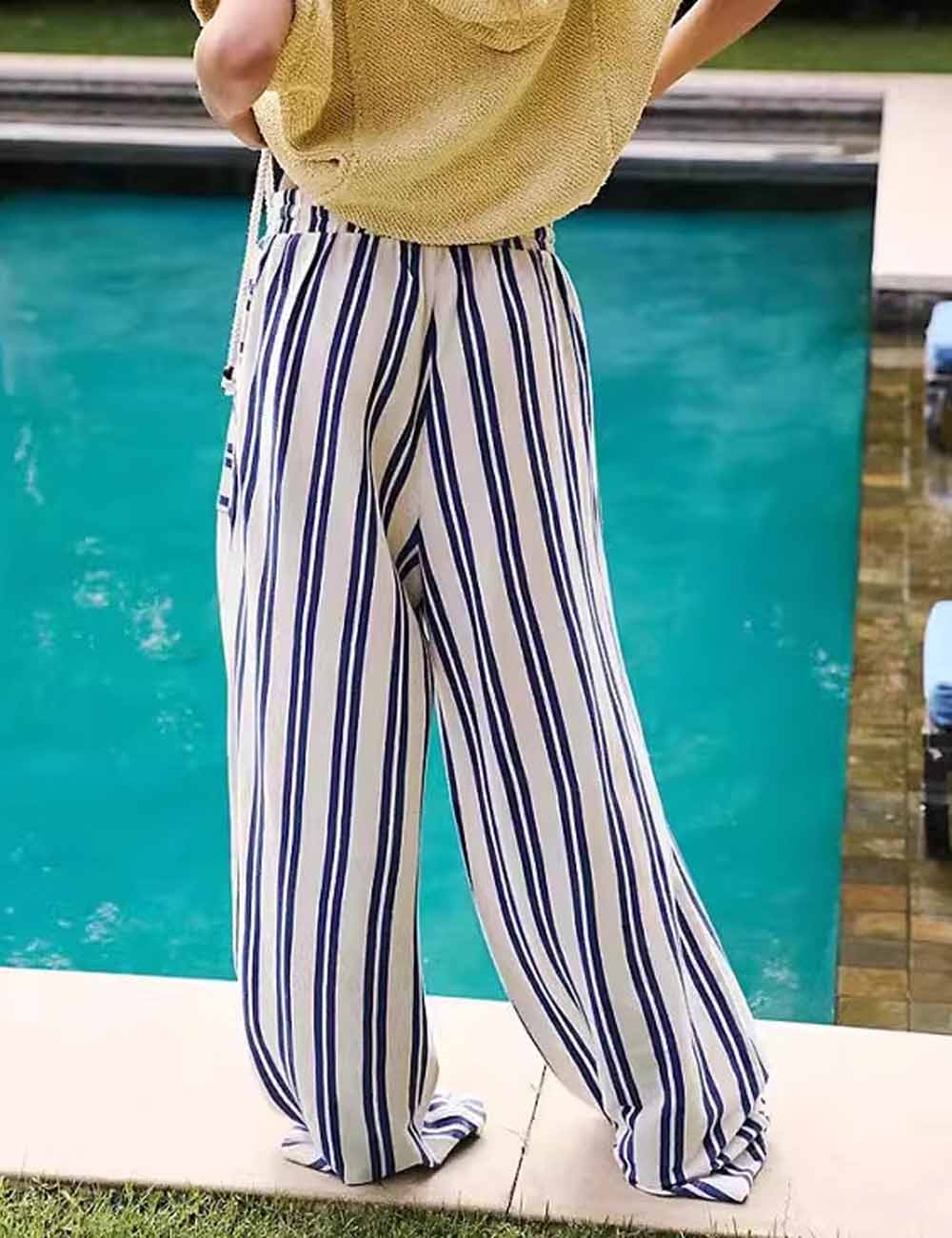 Color Block Striped Drawstring Wide-Leg Pants