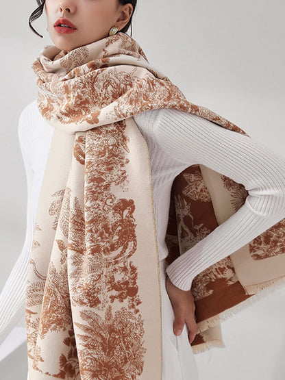 Contrast Color Floral Tasseled Shawl&Scarf