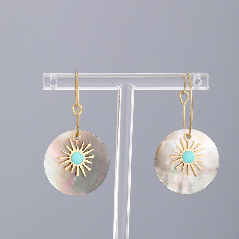 Sunburst Turquoise Shell Drop Hoop Earrings