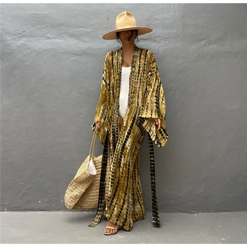 Long Sleeve Printing Waist Tied Casual Loose Long Cardigan Beach Bikini Cover-Up