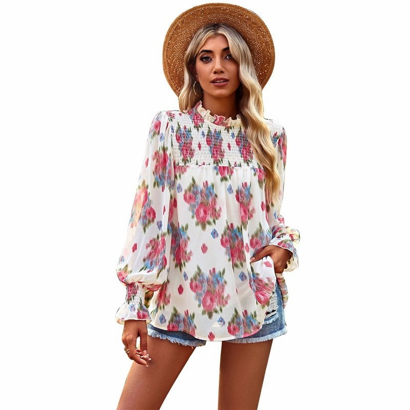 Long Sleeves Floral Printed Double-Layer Blouse